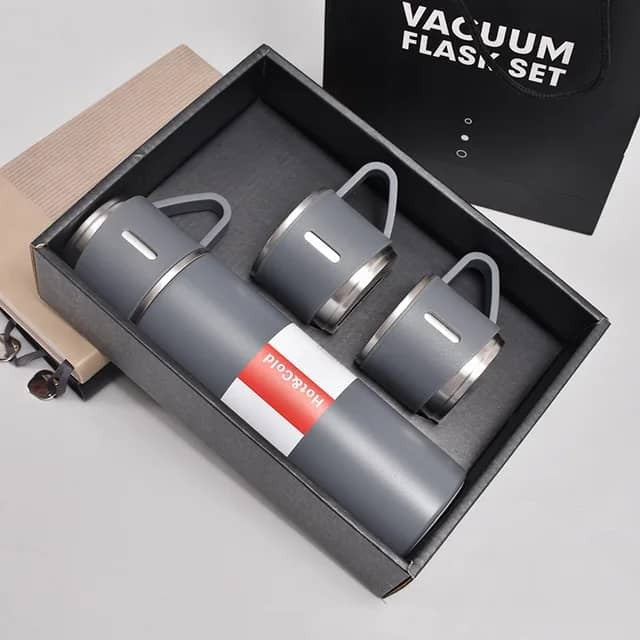 Ensemble Thermos - Mug Isotherme + 3 Tasses en Acier Inoxydable– 500 ml - Gris