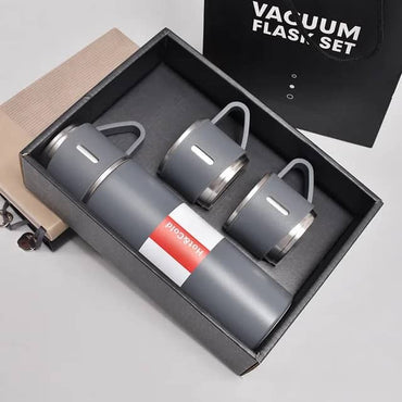Ensemble Thermos - Mug Isotherme + 3 Tasses en Acier Inoxydable– 500 ml - Gris