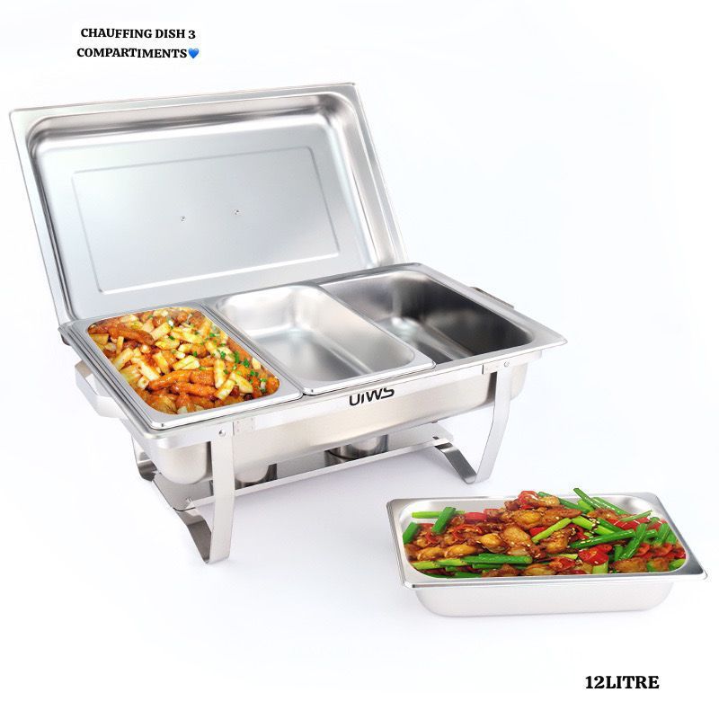 CHAFING DISH LOT DE 3 X PLAT-RÉCHAUD CHEF - RÉCHAUFFEUR ALIMENTAIRE EN ACIER INOXYDABLE