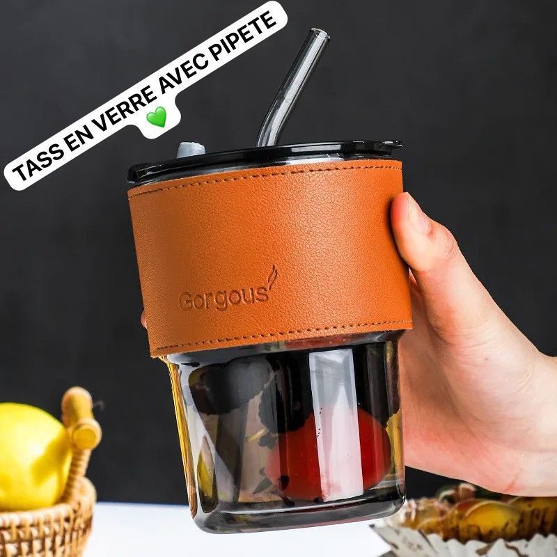 Tasse de paille en verre de 400 ml avec couverture d'isolation thermique Portable café lait thé jus