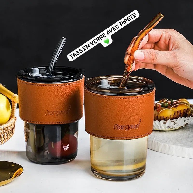 Tasse de paille en verre de 400 ml avec couverture d'isolation thermique Portable café lait thé jus