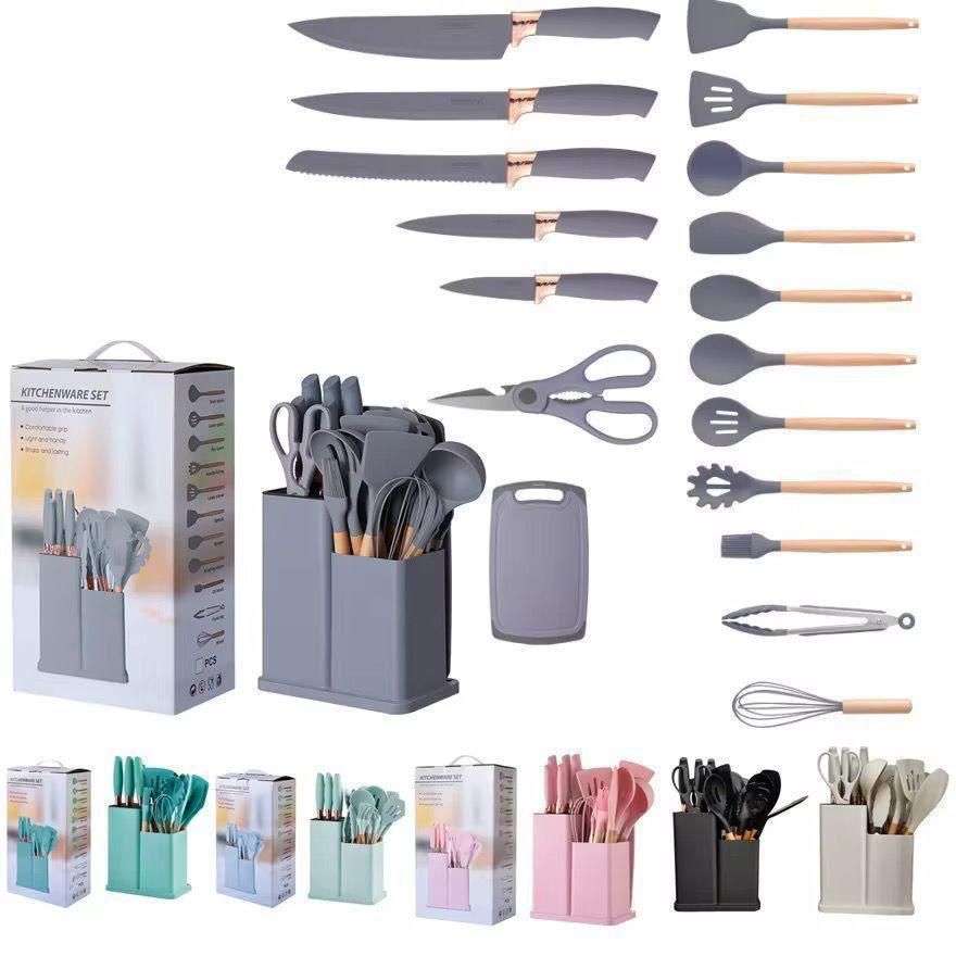 Lot de 19 ustensiles de cuisine et bloc à couteaux : 12 ustensiles de cuisine en silicone antiadhésifs et résistants à la chaleur (spatule, pince, louche, ciseaux) + 5 couteaux de cuisine tranchants