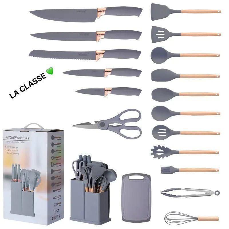 Lot de 19 ustensiles de cuisine et bloc à couteaux : 12 ustensiles de cuisine en silicone antiadhésifs et résistants à la chaleur (spatule, pince, louche, ciseaux) + 5 couteaux de cuisine tranchants