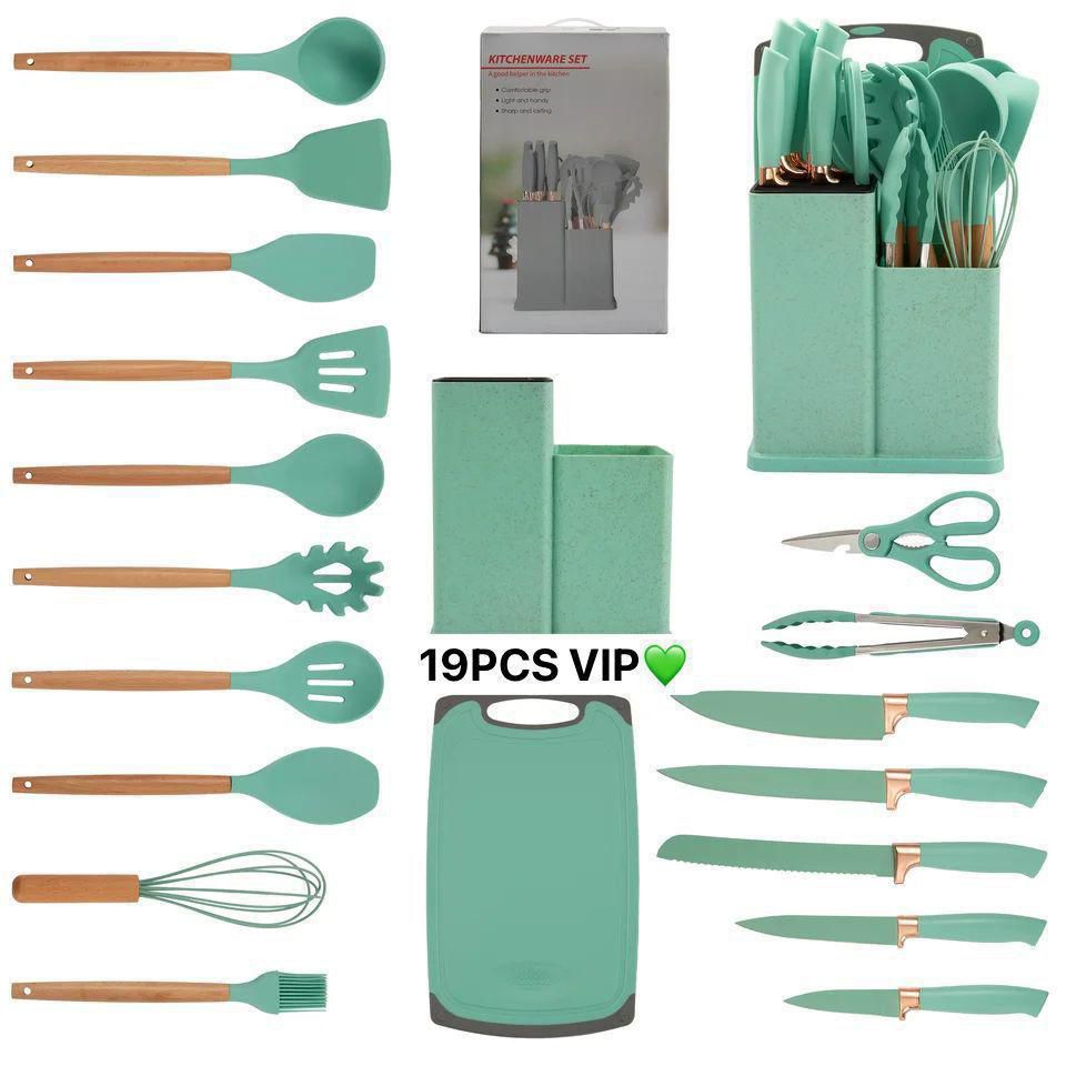 Lot de 19 ustensiles de cuisine et bloc à couteaux : 12 ustensiles de cuisine en silicone antiadhésifs et résistants à la chaleur (spatule, pince, louche, ciseaux) + 5 couteaux de cuisine tranchants