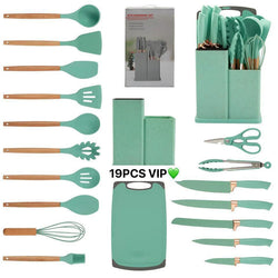 Lot de 19 ustensiles de cuisine et bloc à couteaux : 12 ustensiles de cuisine en silicone antiadhésifs et résistants à la chaleur (spatule, pince, louche, ciseaux) + 5 couteaux de cuisine tranchants