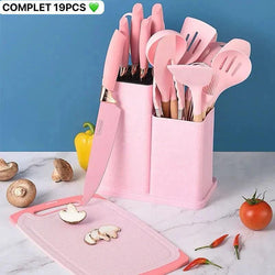 Lot de 19 ustensiles de cuisine et bloc à couteaux : 12 ustensiles de cuisine en silicone antiadhésifs et résistants à la chaleur (spatule, pince, louche, ciseaux) + 5 couteaux de cuisine tranchants