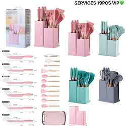 Lot de 19 ustensiles de cuisine et bloc à couteaux : 12 ustensiles de cuisine en silicone antiadhésifs et résistants à la chaleur (spatule, pince, louche, ciseaux) + 5 couteaux de cuisine tranchants