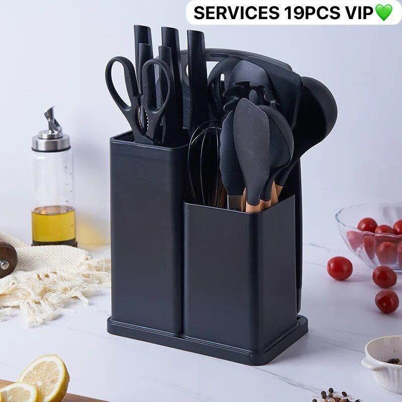 Lot de 19 ustensiles de cuisine et bloc à couteaux : 12 ustensiles de cuisine en silicone antiadhésifs et résistants à la chaleur (spatule, pince, louche, ciseaux) + 5 couteaux de cuisine tranchants