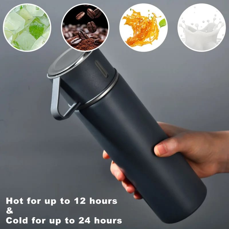 Bouteille Isotherme 500 ML avec Gobelet et Poignée, en Acier Inoxydable, Anti -Fuite, pour le Chaud et le Froid.