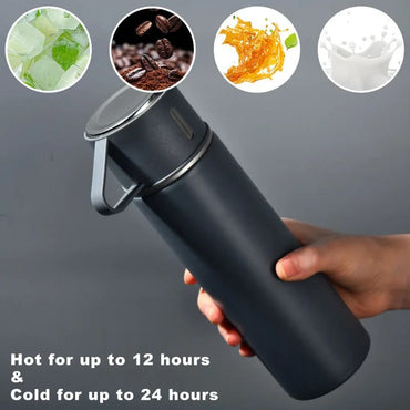 Bouteille Isotherme 500 ML avec Gobelet et Poignée, en Acier Inoxydable, Anti -Fuite, pour le Chaud et le Froid.