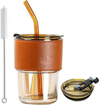 Gobelet en verre avec couvercle et paille, tasses en verre réutilisables et étanches avec bande en cuir- 400 ML