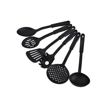 Lot de 6 Ustensiles de Cuisine - 1 louche 1 écumoire 1 spatule 2 cuillères percées 1 spatule à spaghetti - Noir