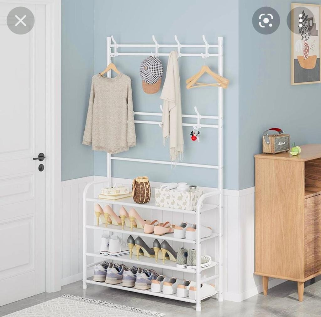 Porte-Manteaux Meuble d’entrée Avec 16 Crochets Amovibles Étagère à Chaussures