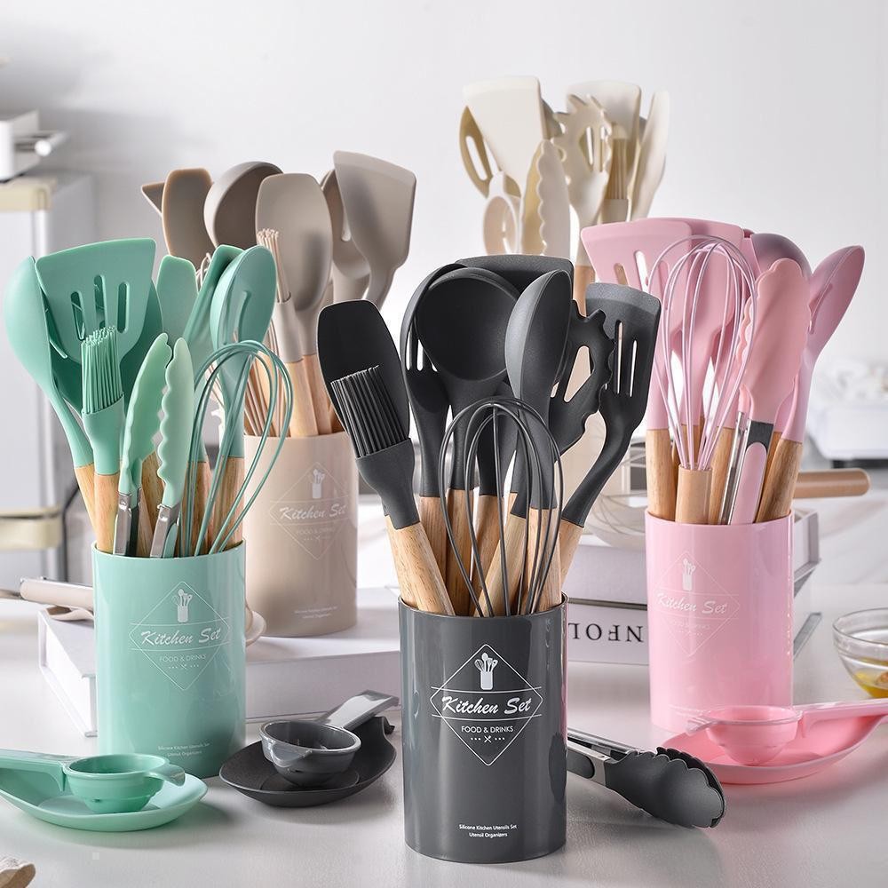 Spatule 12 PCS Ustensile Set avec Support, ustensiles de Cuisson en Silicone  poignée en Bois antiadhésive